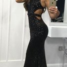 Black Sequin Open Back Mermaid Sleeveless Long Formal Prom Dresses NY746