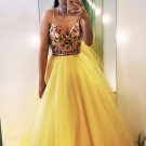 Yellow V-neck Beading Appliques Tulle Long Prom Dress Evening Dress BT1874