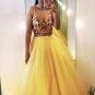 Yellow V-neck Beading Appliques Tulle Long Prom Dress Evening Dress BT1874