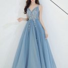 Light Blue Floor Length V-neckline Tulle Prom Dress, Blue Party Dresses JY5745