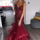 Gorgeous V Neck Mermaid Burgundy Tulle Beaded Long Prom Dress  JY5748