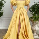 Simple yellow satin long prom dress  JY5749