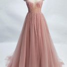 Pink Beaded Elegant Long Tulle A-line Prom Dress LU2747