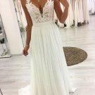 White V Neck Lace Chiffon Long Prom Dress White Lace Evening Dress MY9541