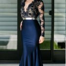Sexy Sheer Deep V Neck Mermaid Prom Dresses Lace Applique Royal Evening Dress