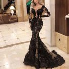 Modest Black Prom Dresses Long Sleeve Lace Appliqué Elegant Evening Gown Formal Dresses BT5147