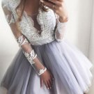 V Neck Short Gray Prom Dress with White Lace Short Lace Formal Graduation Dresses HT951