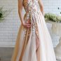 Elegant One Shoulder Champagne Prom Dresses with Flower One Shoulder Floral Formal Evening Dresses