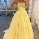 Open Back Yellow Lace Prom Dresses Backless Yellow Lace Formal Hot Evening Dresses