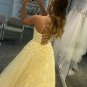 Open Back Yellow Lace Prom Dresses Backless Yellow Lace Formal Hot Evening Dresses