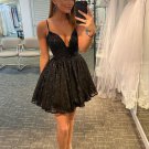 Short V Neck Black Lace Prom Dresses Graduation Homecoming Dresses