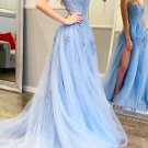 Backless Light Prom Dresses Blue Lace Formal Evening Dresses