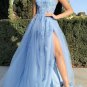 Backless Light Prom Dresses Blue Lace Formal Evening Dresses
