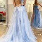 Backless Light Prom Dresses Blue Lace Formal Evening Dresses