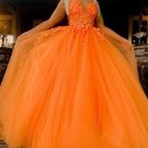 V Neck Orange Lace Prom Dresses Orange Lace Formal Evening Dresses