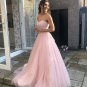 Strapless Pink Tulle Lace Prom Dresses Lace Formal Evening Dresses