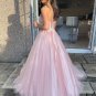 Strapless Pink Tulle Lace Prom Dresses Lace Formal Evening Dresses