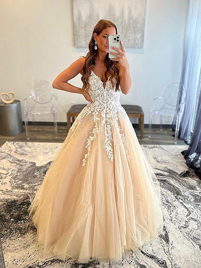V Neck Champagne Lace Prom Dresses Long Champagne Formal Evening Dresses