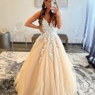 V Neck Champagne Lace Prom Dresses Long Champagne Formal Evening Dresses