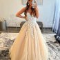 V Neck Champagne Lace Prom Dresses Long Champagne Formal Evening Dresses