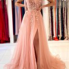 Peach Pink Lace Floral Prom Dresses Lace Formal Evening Dresses