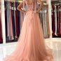 Peach Pink Lace Floral Prom Dresses Lace Formal Evening Dresses