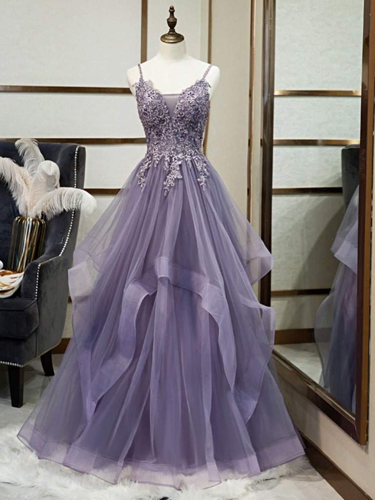 Purple V Neck Lace Prom Dress with Corset Back Formal Evening Dresses