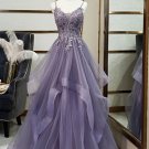 Purple V Neck Lace Prom Dress with Corset Back Formal Evening Dresses