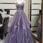 Purple V Neck Lace Prom Dress with Corset Back Formal Evening Dresses