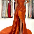 Off the Shoulder Orange Satin Prom Dresses Orange Off Shoulder Satin Formal Evening Dresses
