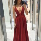 A Line V Neck Burgundy Long Prom Dresses V Neck Formal Evening Dresses
