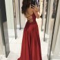 A Line V Neck Burgundy Long Prom Dresses V Neck Formal Evening Dresses