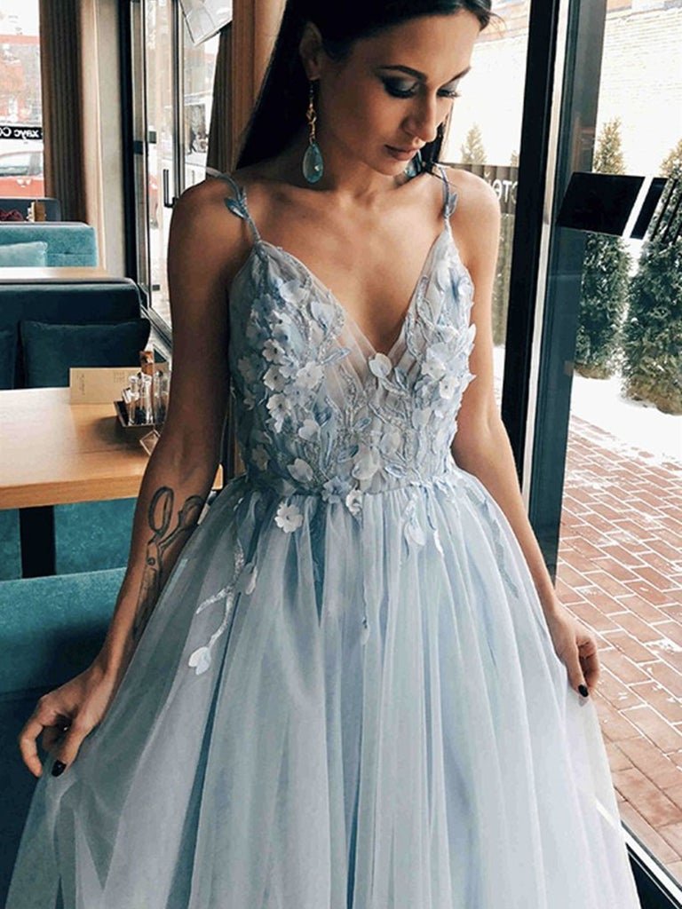 V Neck Gray Floral Long Prom Dresses Grey V Neck Long Flower Formal Evening Dresses