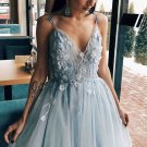 V Neck Gray Floral Long Prom Dresses Grey V Neck Long Flower Formal Evening Dresses