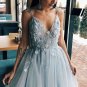 V Neck Gray Floral Long Prom Dresses Grey V Neck Long Flower Formal Evening Dresses