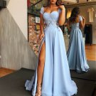 A-Line Sweetheart Cap Sleeves Appliques Light Blue Prom Dresses Formal Evening Dresses