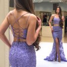 Mermaid 2 Pieces Prom Dresses Purple Lace  Formal Evening Dresses
