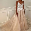 V Neck Pink Tulle Prom Dresses with White Lace Formal Evening Dresses