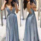 A Line V Neck Backless Prom Dresses Open Back Blue Long Formal Evening Dresses