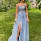 A Line V Neck Silver Grey Beaded Long Prom Dresses Formal Evening Dresses