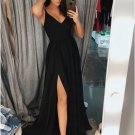 Simple A Line V Neck Black Prom Dresses with Slit Black Formal Dresses Evening Dresses