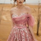 Pink Sweetheart Tulle Floor Length Prom Dress With Appliques Lace Side Slit
