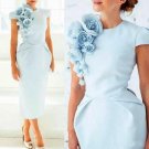 Elegant Light Sky Blue Sheath Groom Mother's Dresses Short Sleeve Tea Length Satin Dresses