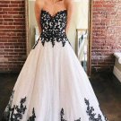 A Line Sweetheart Strapless White Tulle Black Lace Appliques Formal Prom Dresses
