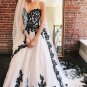 A Line Sweetheart Strapless White Tulle Black Lace Appliques Formal Prom Dresses