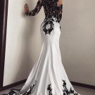 Elegant White Black Lace Appliques Mermaid Long Sleeves Satin Prom Dresses
