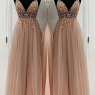 A-Line/Princess Beading Tulle Spaghetti Straps Sleeveless Floor-Length Dresses
