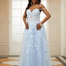 A-Line/Princess Tulle Applique Off-the-Shoulder Sleeveless Floor-Length Dresses