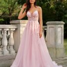 A-Line/Princess Tulle Applique V-neck Sleeveless Court Train Dresses