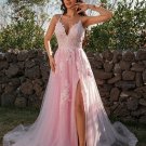A-Line/Princess Tulle Applique V-neck Sleeveless Sweep/Brush Train Dresses